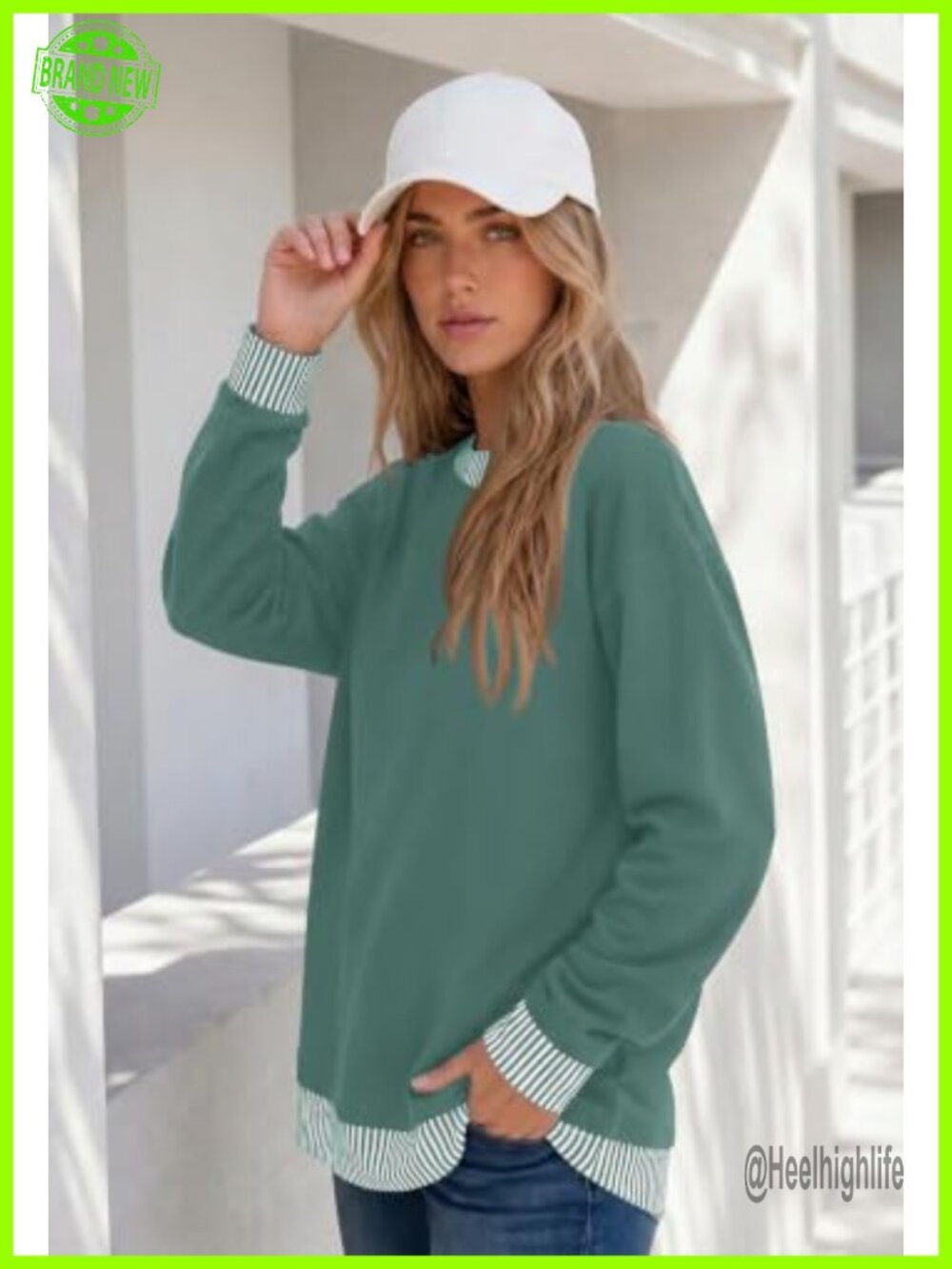 Womens Oversized Crewneck Sweatshirt Striped Trim Pullover Long Sleeve Casual - Picture 3 of 5